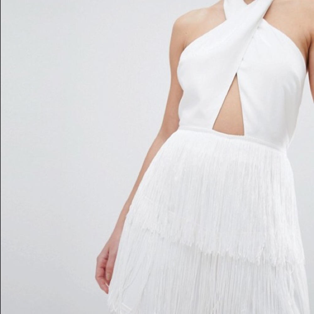 Cross Front Halter Jumpsuit With Fringe